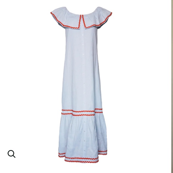 Off the Shoulder Dress, Sky Blue Linen with Red Ric Rac XS - Picture 2 of 8